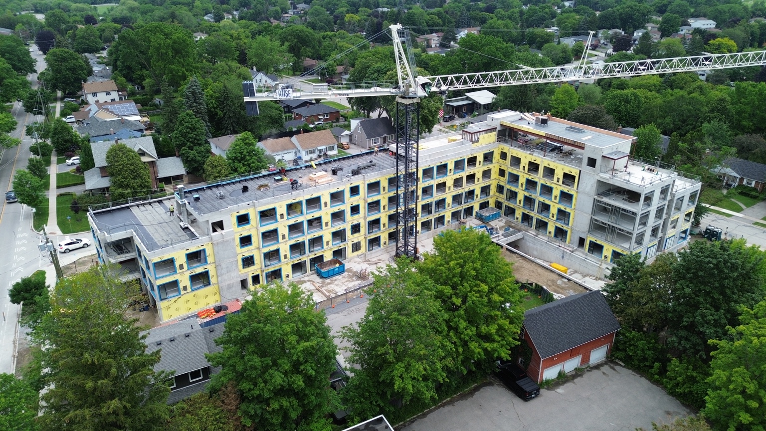 Aerial view of the multi-storey Lundy’s Lane project in Newmarket, showing exterior framing and sheathing